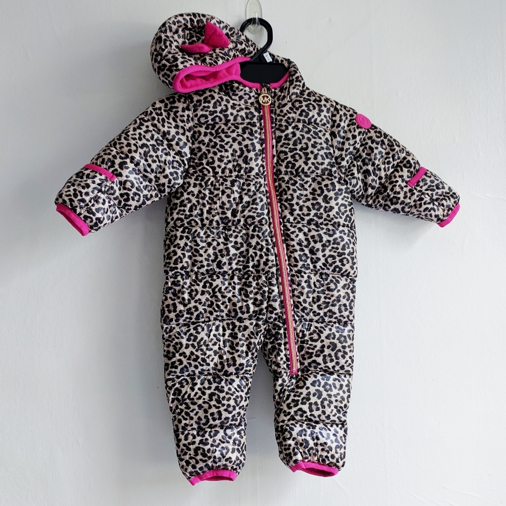Like new Michael Kors Baby Girls pink leopard snowsuit size 0-6 months